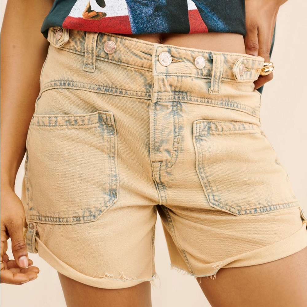 We The Free Blue and Cream Jean Shorts Distressed Style